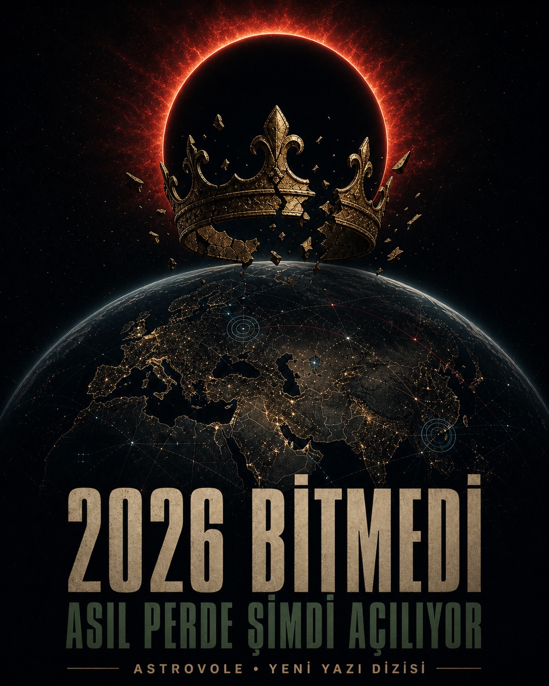 2026'nın geri kalanı için karanlık gökyüzü, dünya ve astrolojik sembollerle hazırlanmış editoryal kapak
